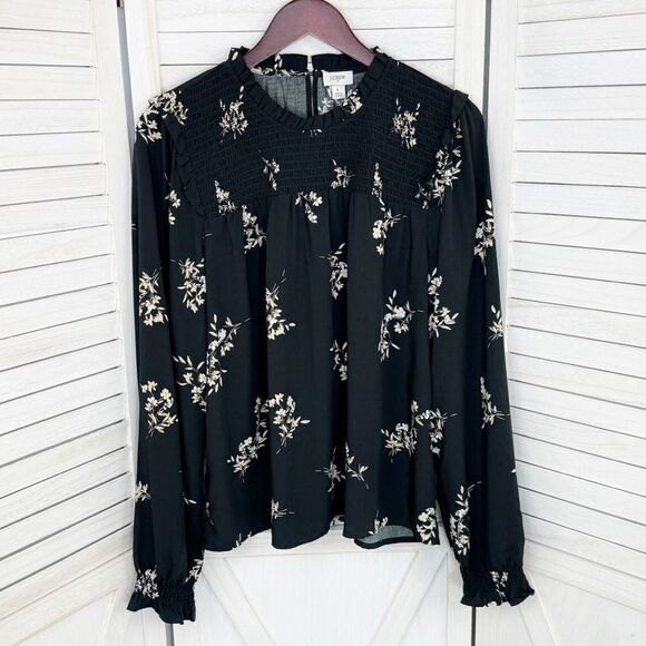 J. Crew Floral Smocked Ruffle Trim Blouse Black Tan Large - Picture 7 of 12